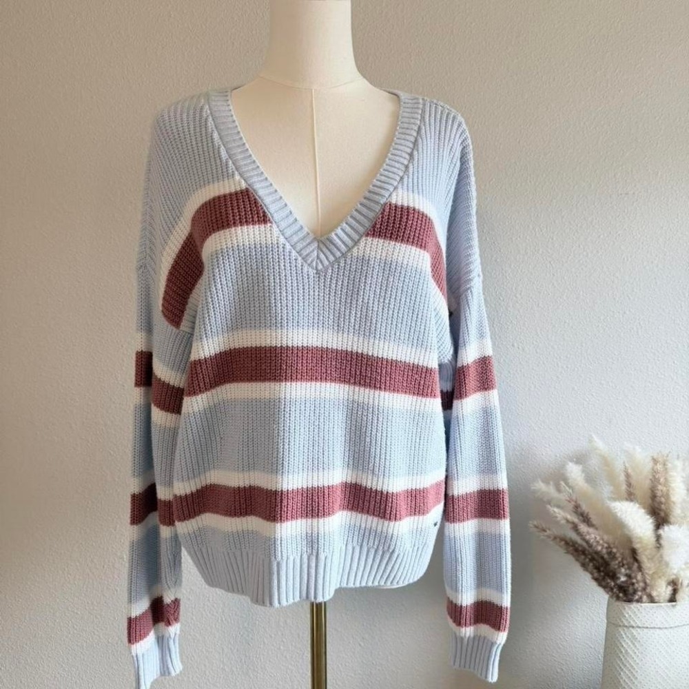 Hollister Striped V-Neck Pullover Sweater Coastal Blue Pink White‎ Small